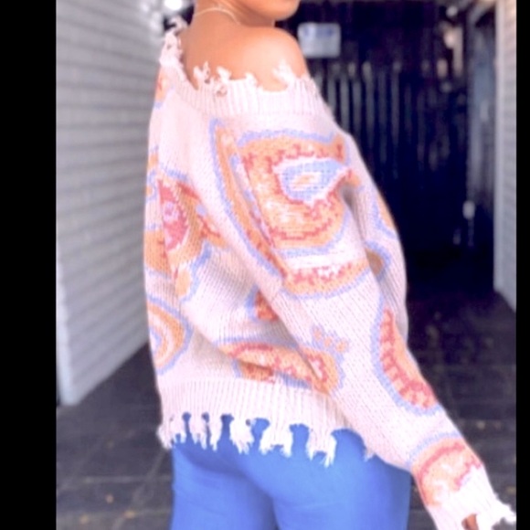 Hippie Style Fringe Raw Cut Trim Woolblend Deep V Neck Loose Long Sleeve Sweater - Picture 3 of 10